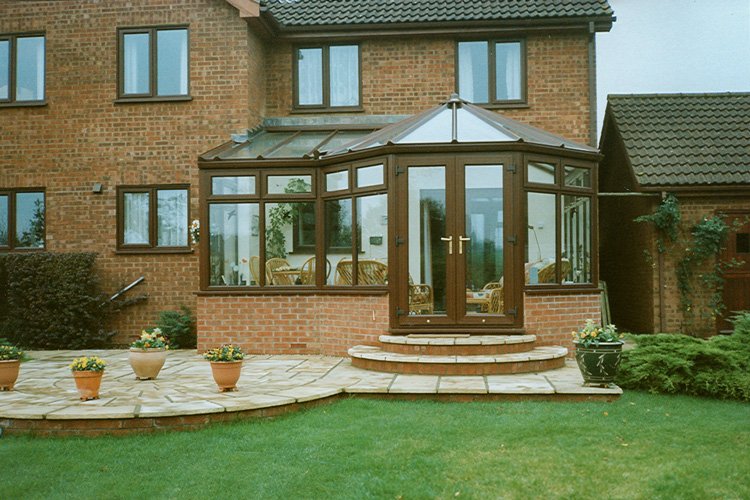Rose wood PVCu Victorian P Shape Combination Dwarf wall Conservatory with Solar control self cleaning glass & French doors
